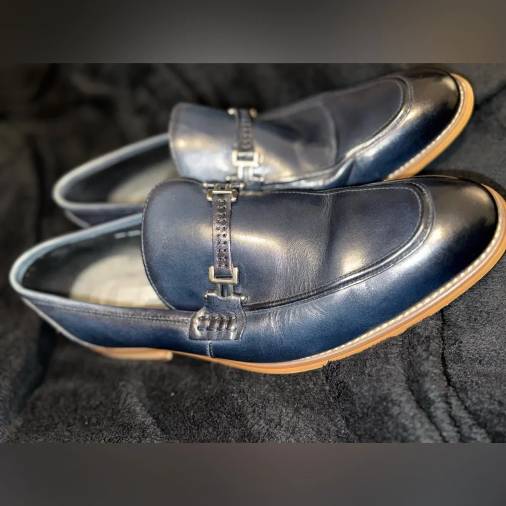 Stacy Adams Blue and Brown Leather Slip-On Loafers with Horsebit Detail